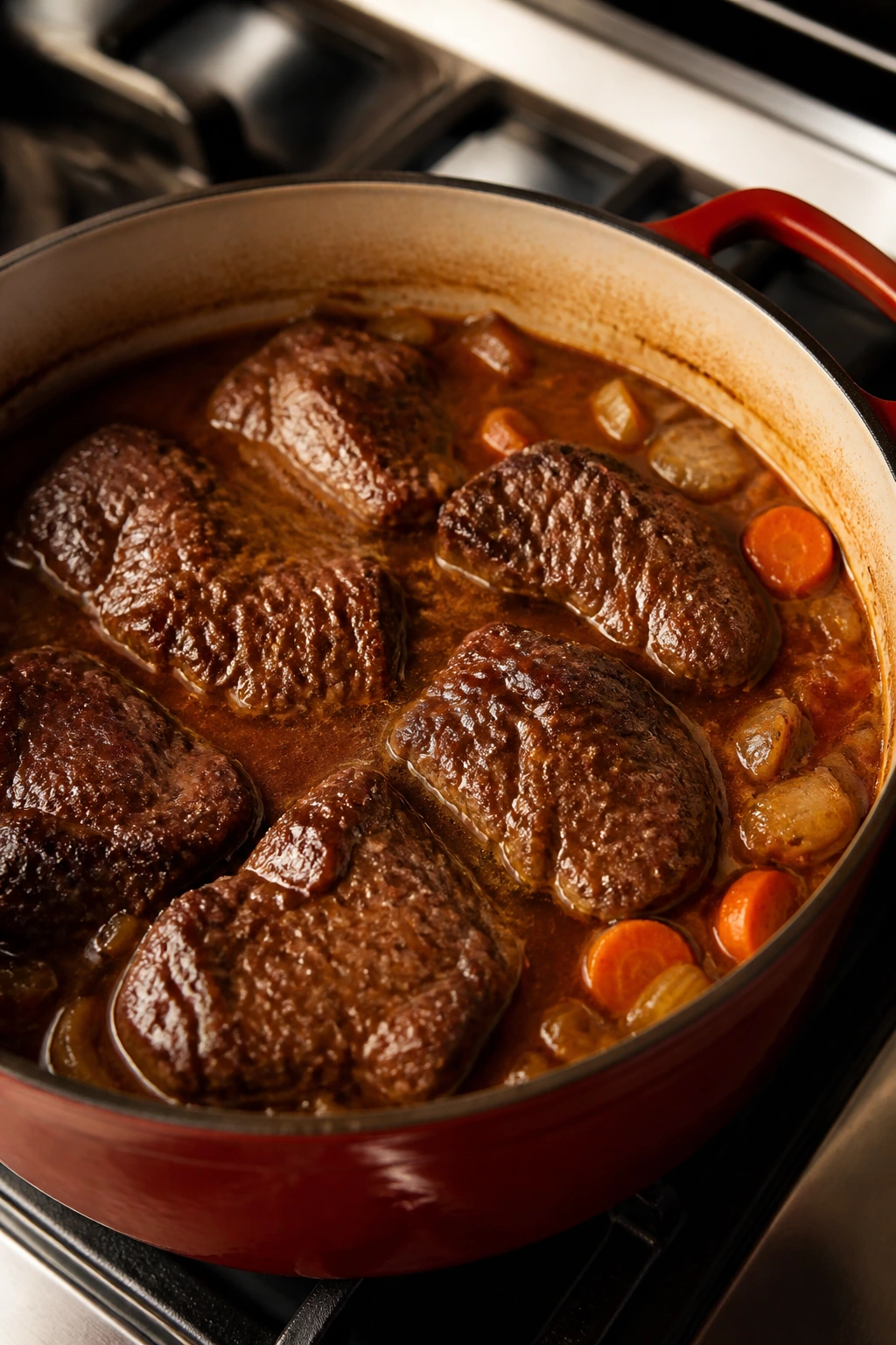 Beef braising in a Dutch oven with liquid halfway up