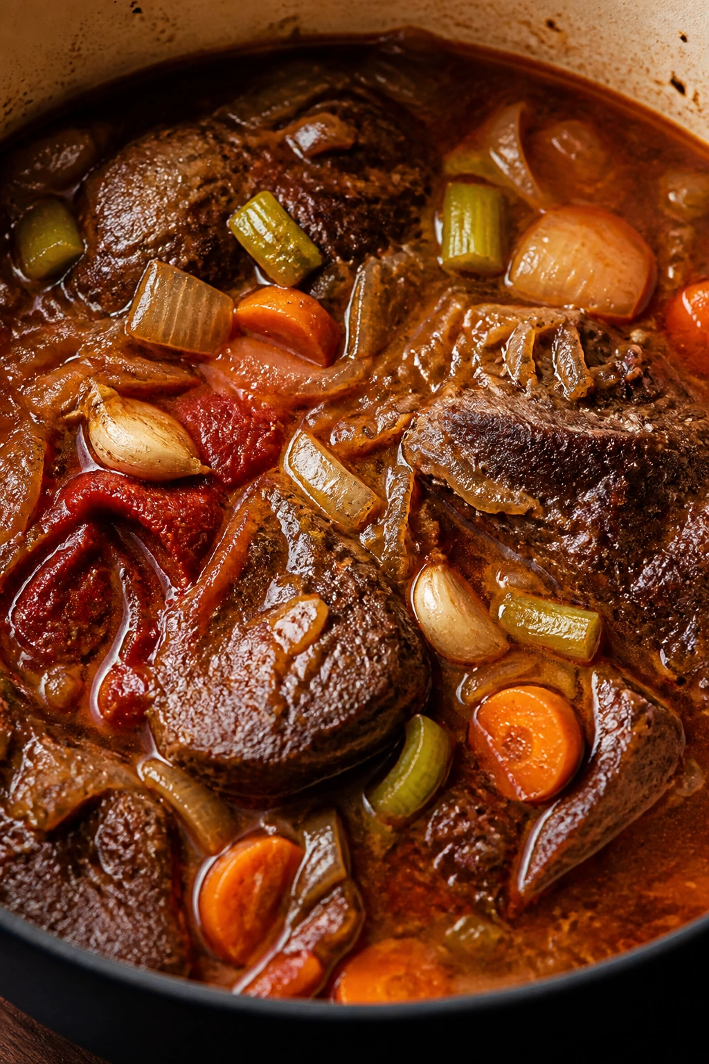 Beef chuck roast with onions, celery, carrots in braising liquid.