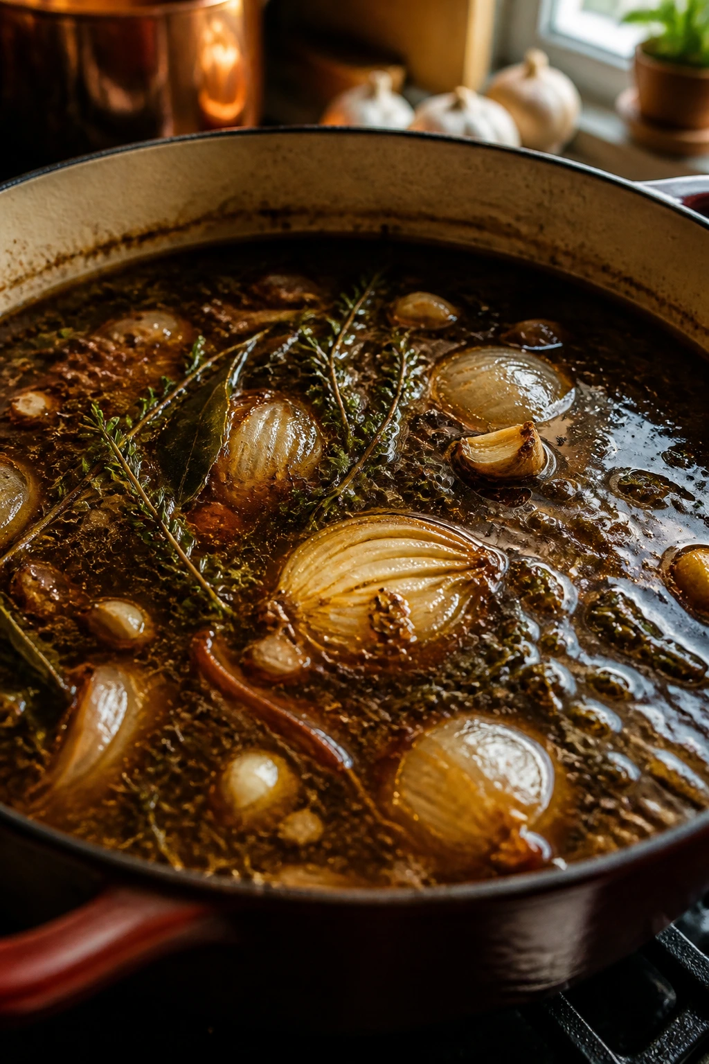Close-up of braising liquid with aromatics in pot