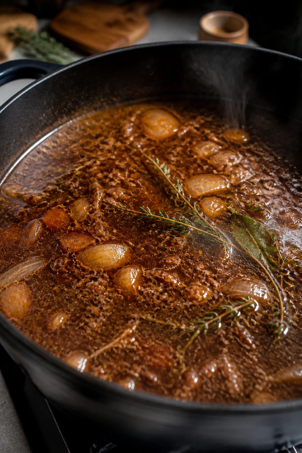 Simmering braising liquid with wine and broth in a pot