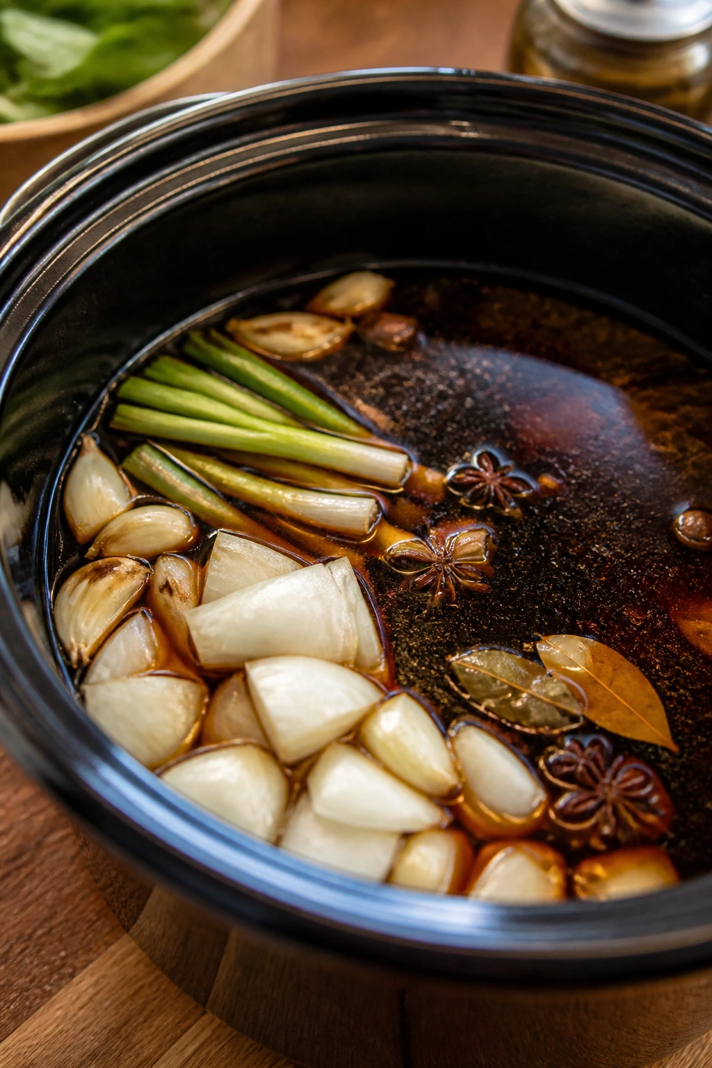 Glossy braising sauce in a pot with aromatics around the edge