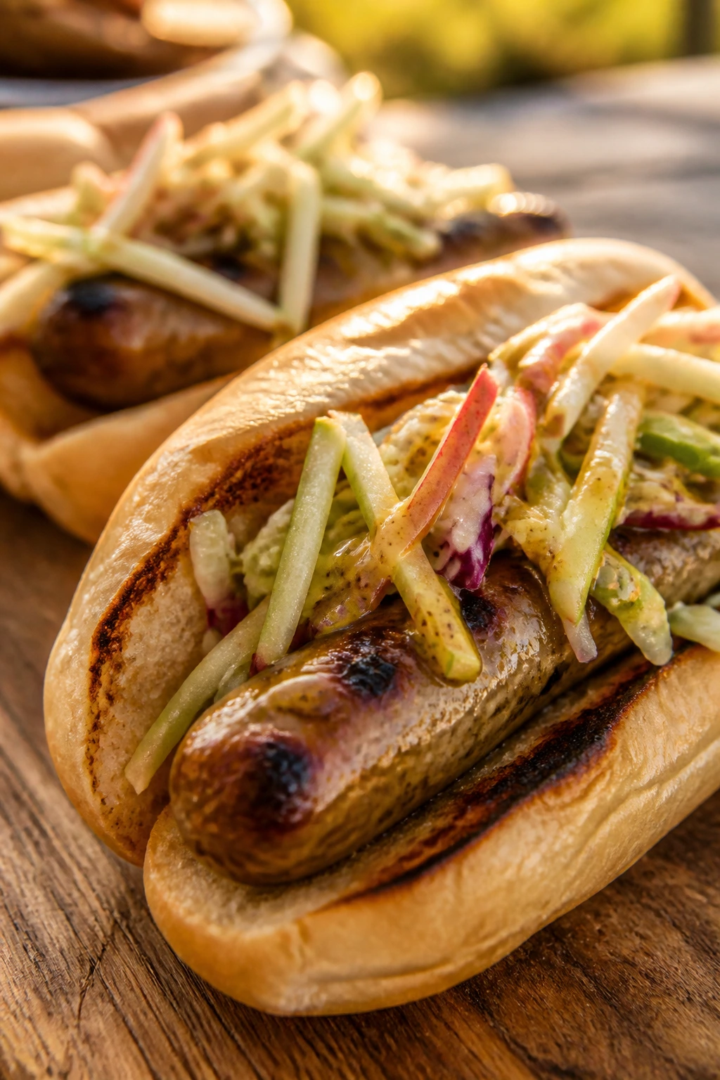 Bratwurst in bun with apple slaw and honey mustard