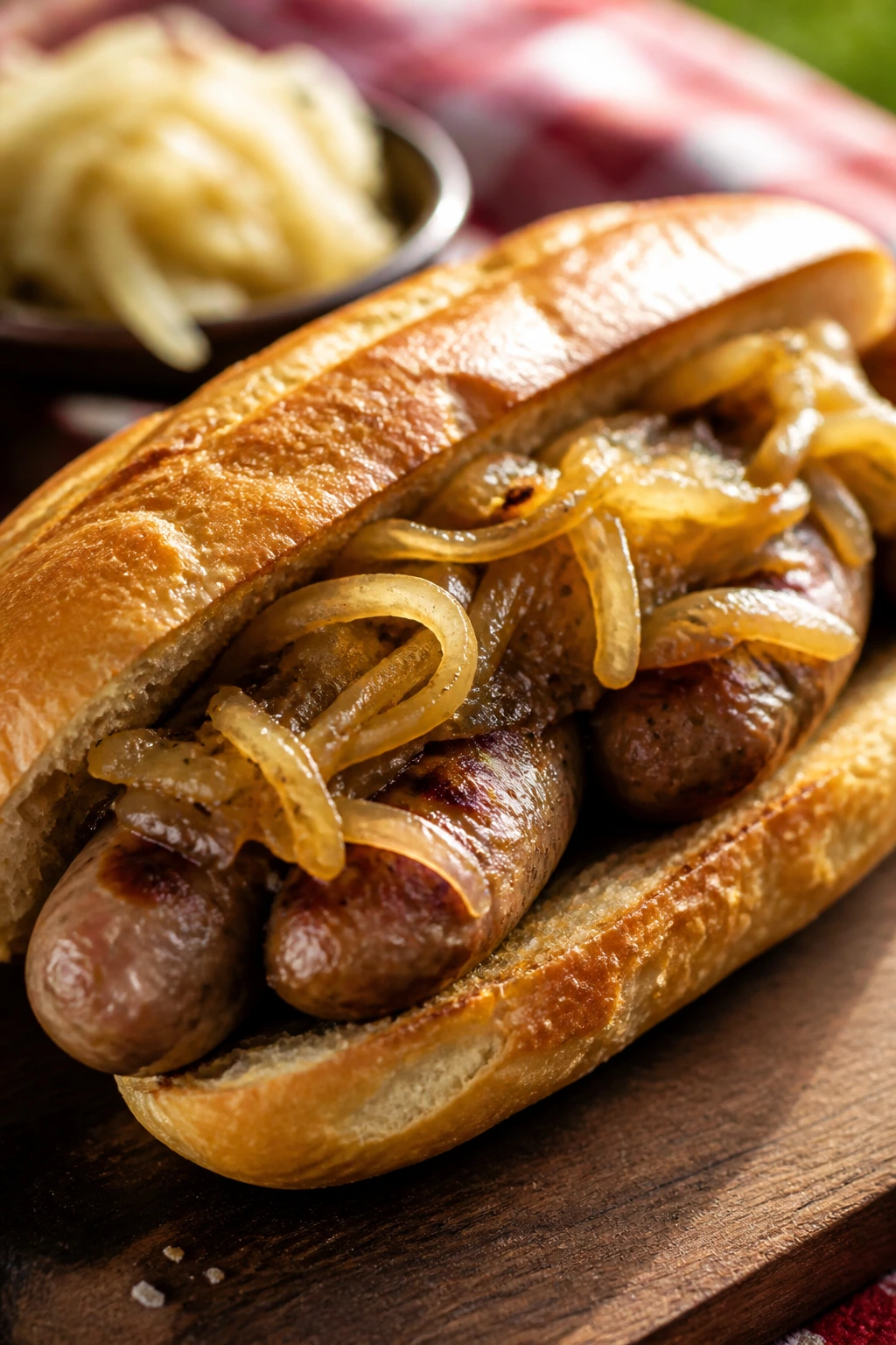 Bratwurst hoagie with mustard onions on a picnic table