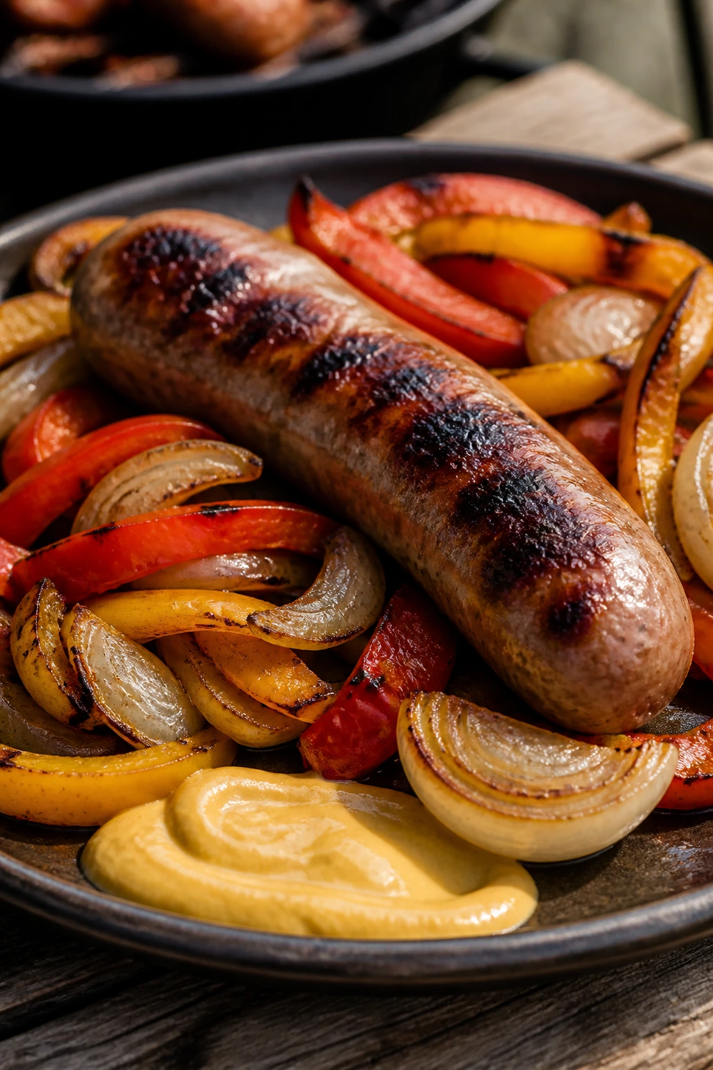 Close-up of grilled bratwurst with peppers and onions on a wooden table.