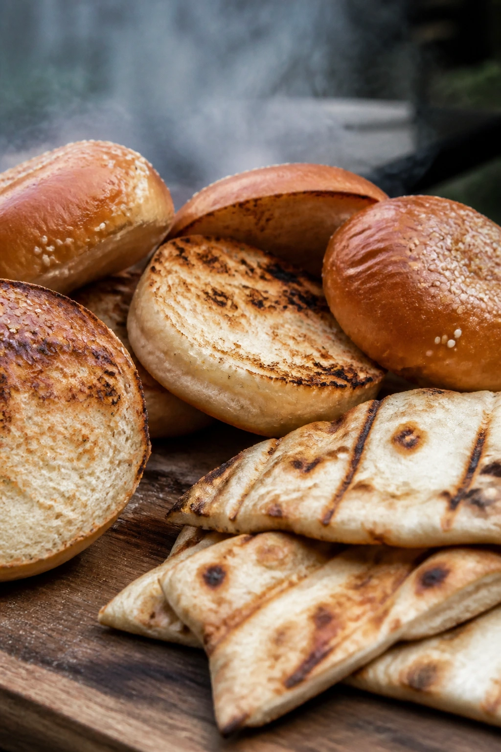 Toasted buns and flatbread on a wooden board outdoors