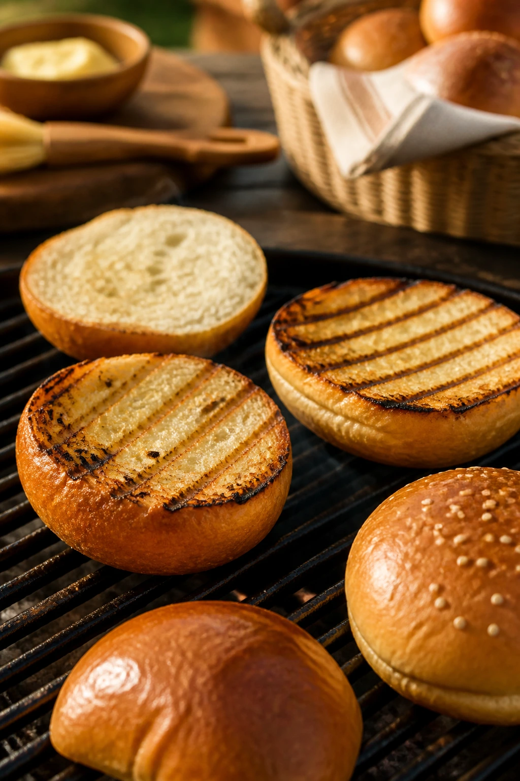 Close-up of toasted sturdy buns on the grill with butter and crisp edges