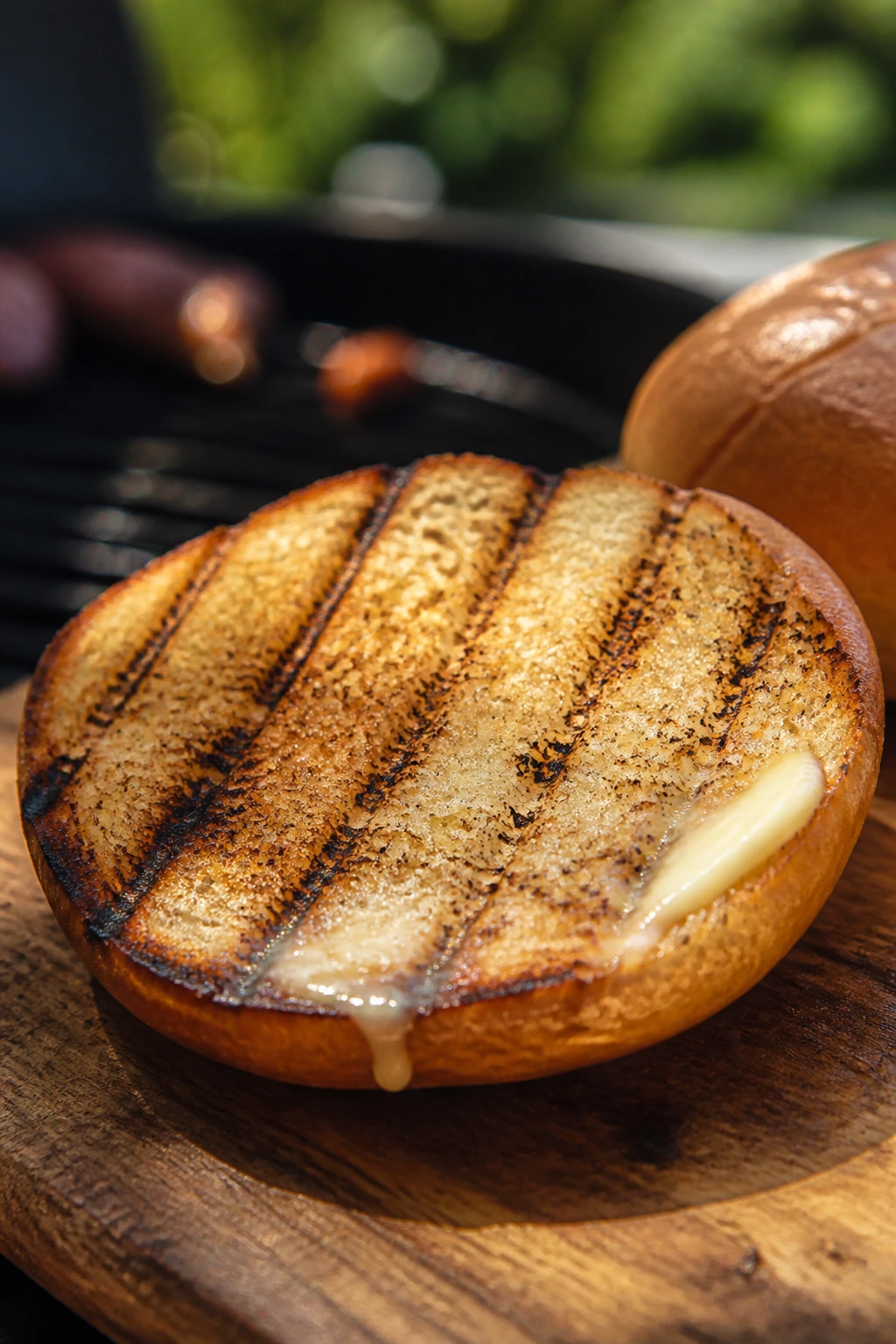 Toasted bun with grill marks on a wooden board