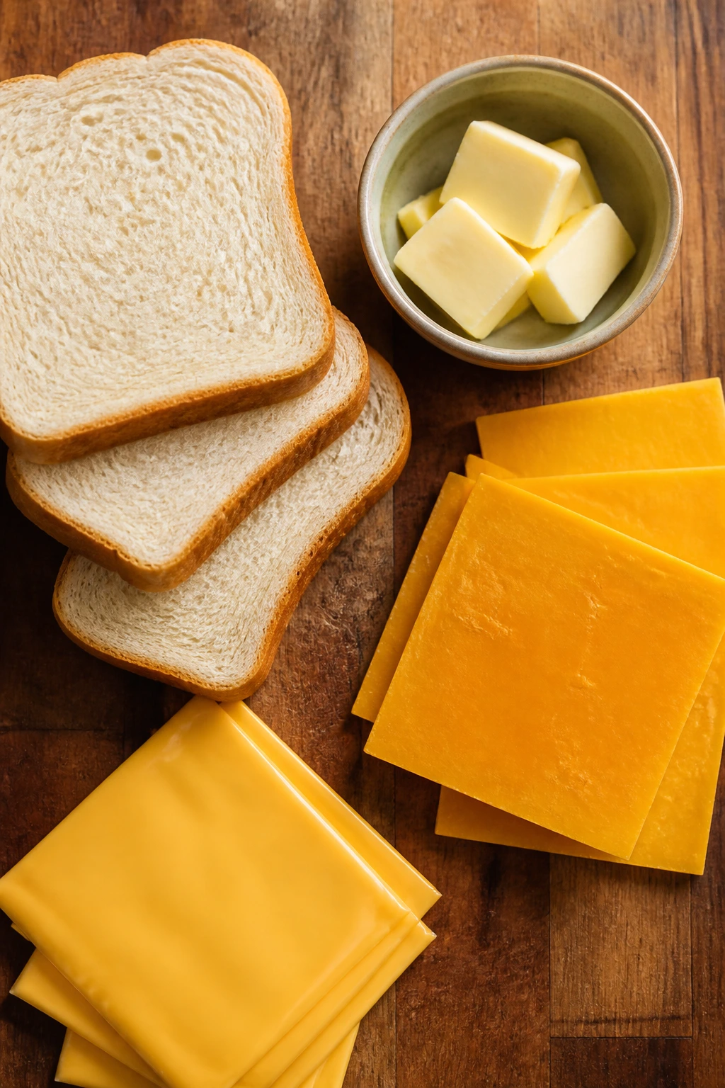 Ingredients for grilled cheese arranged on wood surface