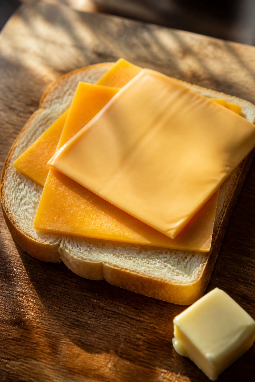 Bread and cheese slices with butter on a countertop