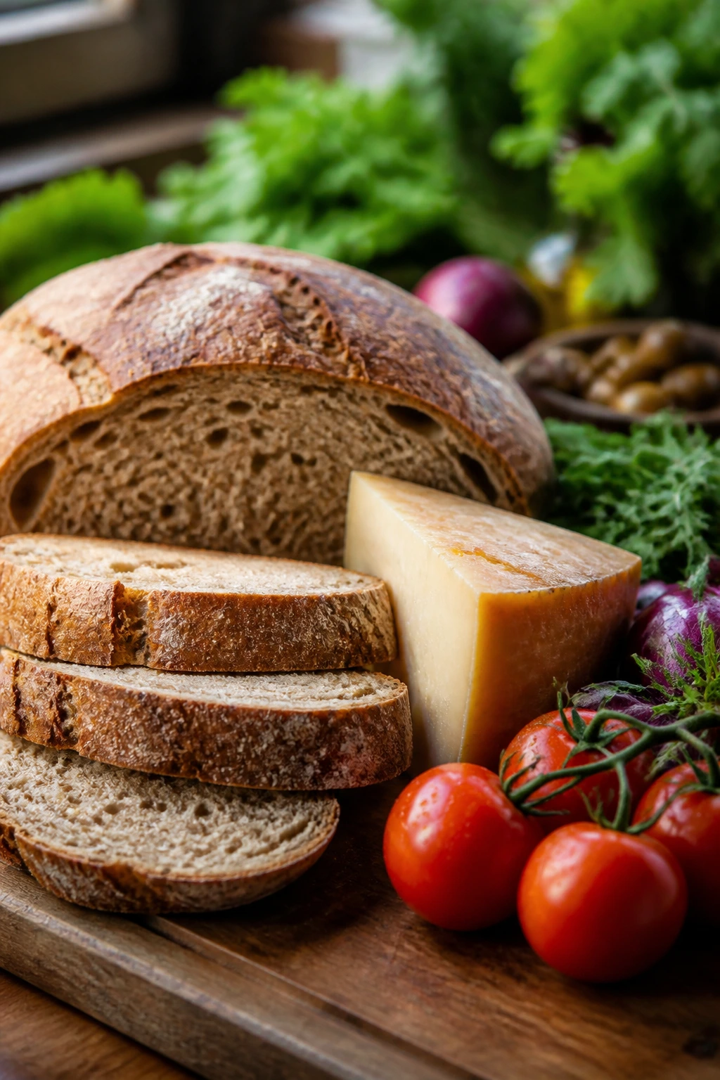 Close-up of sturdy bread, cheese, and vegetables for grilled sandwiches on a board