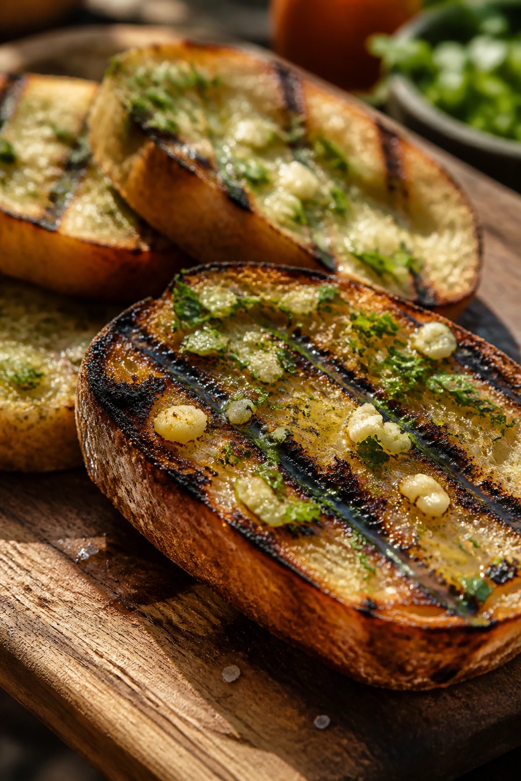 Close-up of grilled bread with garlic oil and herbs on a wooden board, outdoor grill ambiance