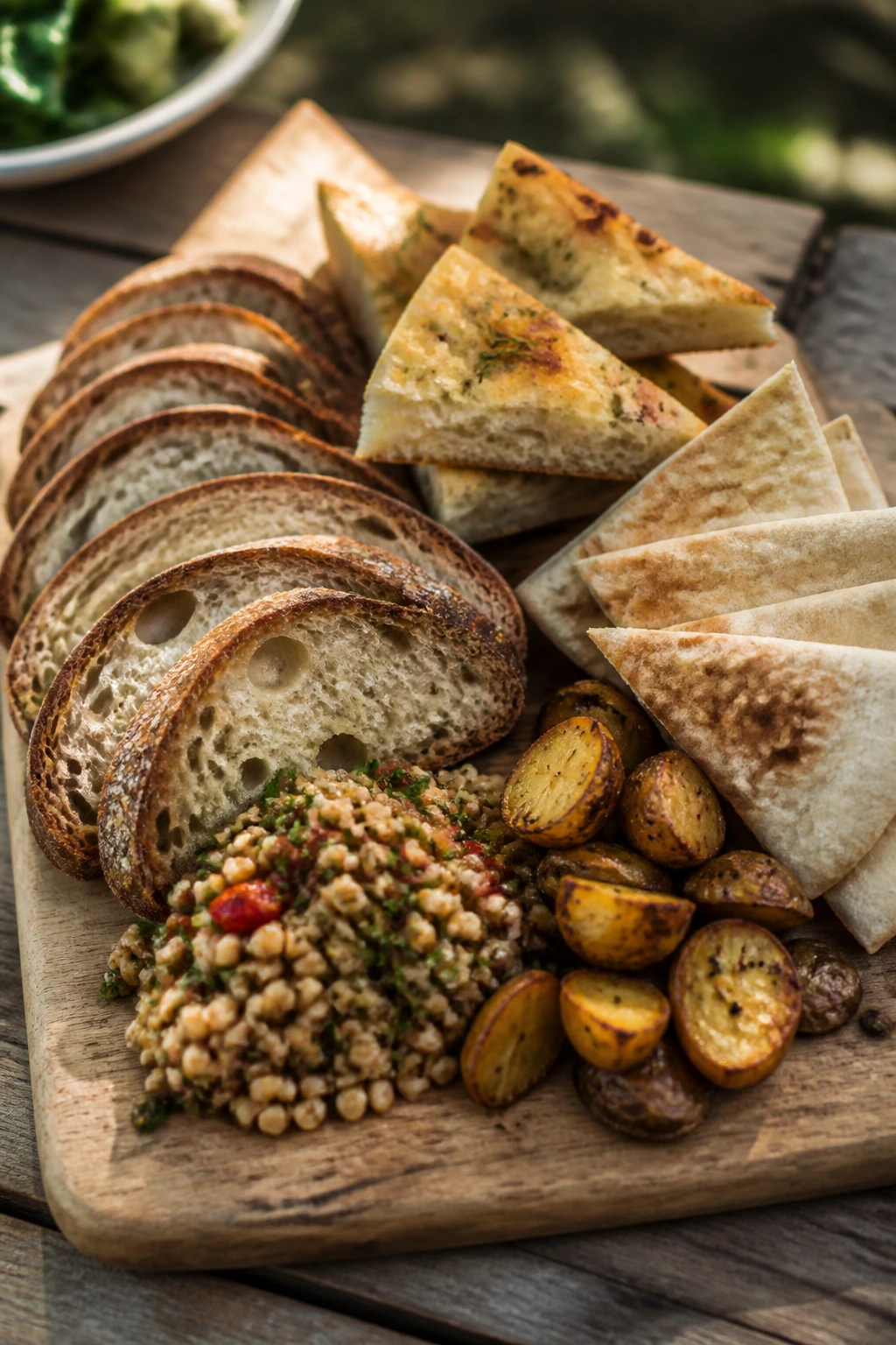 Close-up of rustic board with sourdough, focaccia, pita and grains on a picnic table