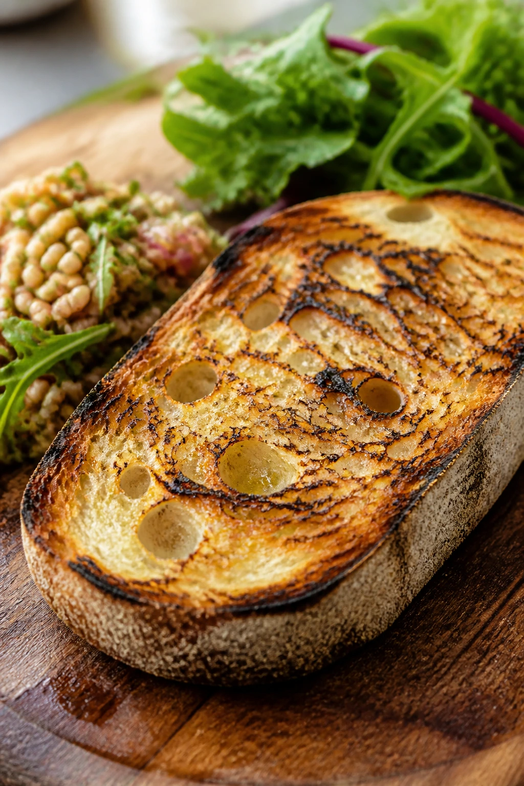 Grilled sourdough slice with grain salad and greens on a rustic board