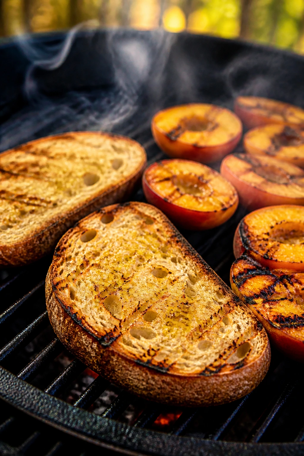 Close-up of grilled sourdough bread and peach halves on a cast-iron grate