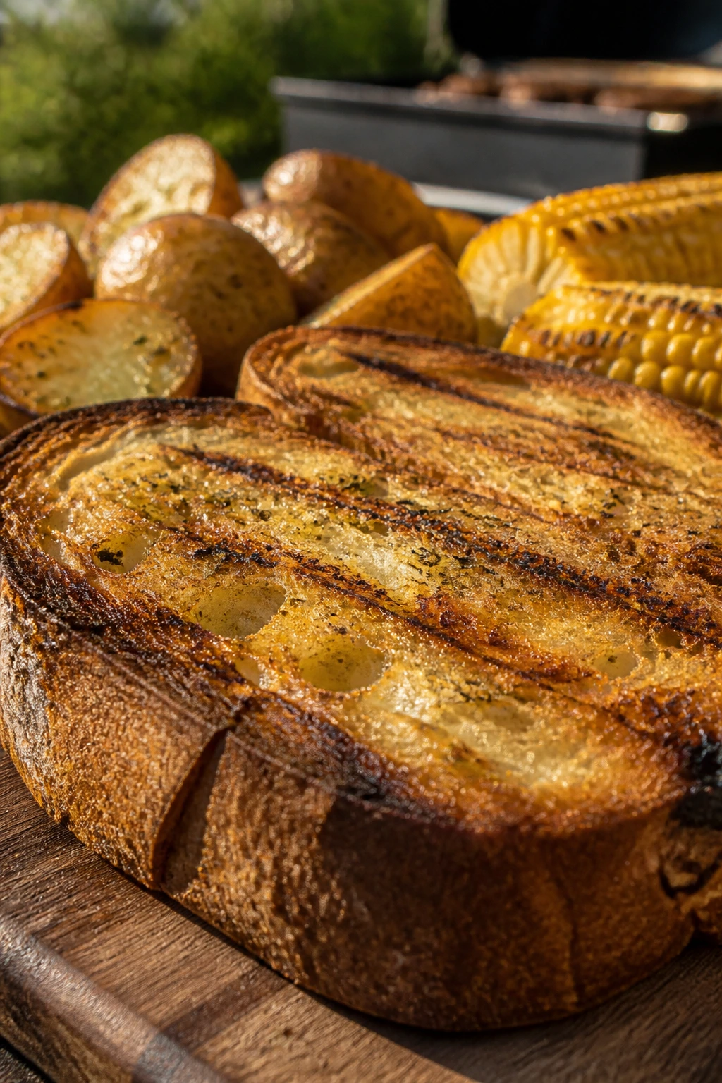Close-up of grilled sourdough bread slice with char edges on a rustic board in a backyard grill setting