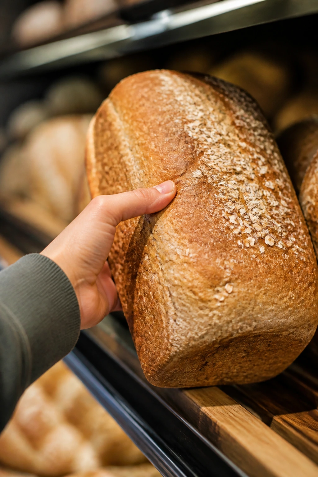 Hand selecting sturdy bread loaf in grocery store