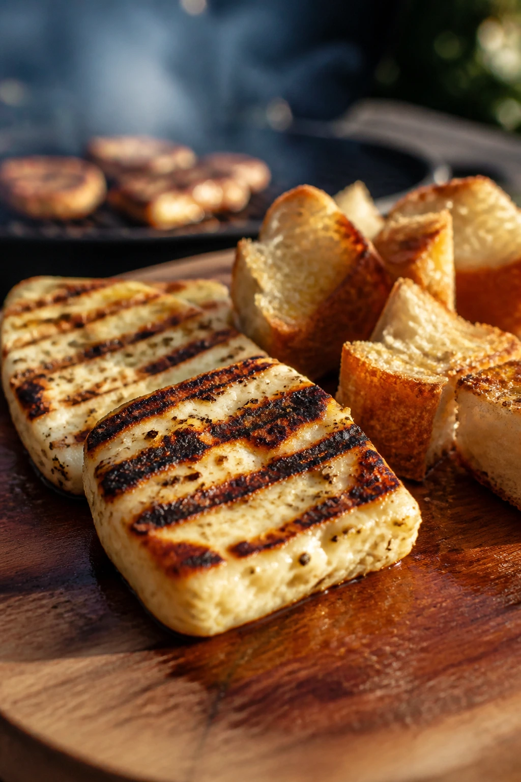 Close-up of grilled halloumi and bread bites on a wooden board at a backyard cookout