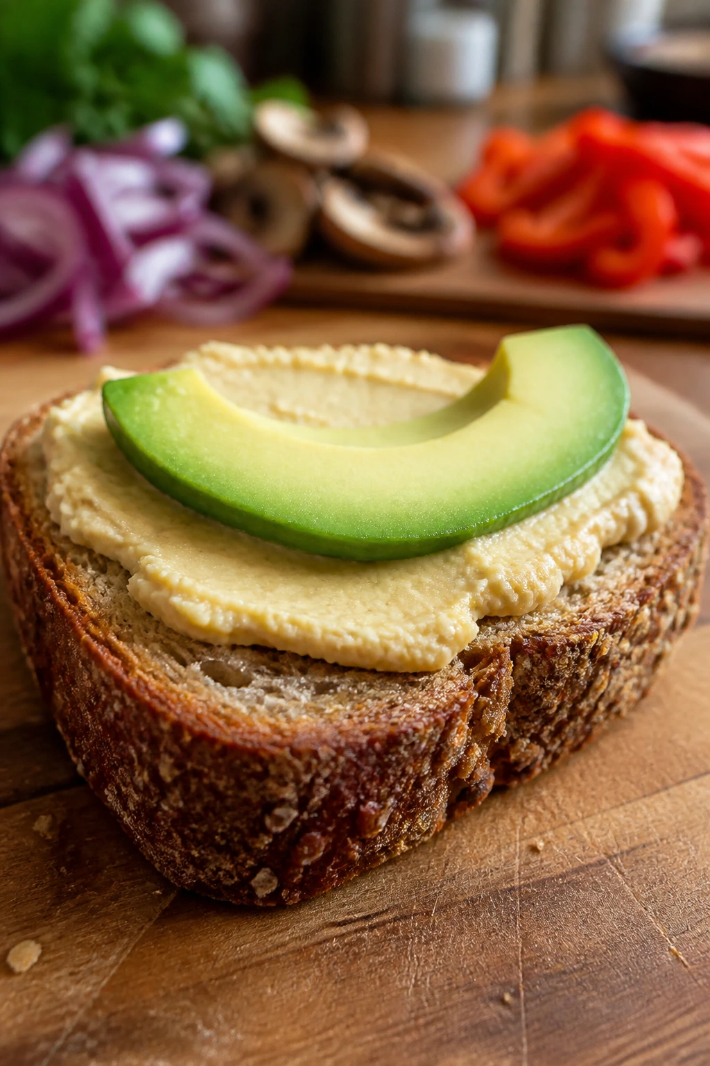 Macro shot of hearty bread with hummus and avocado spread on a warm kitchen counter.
