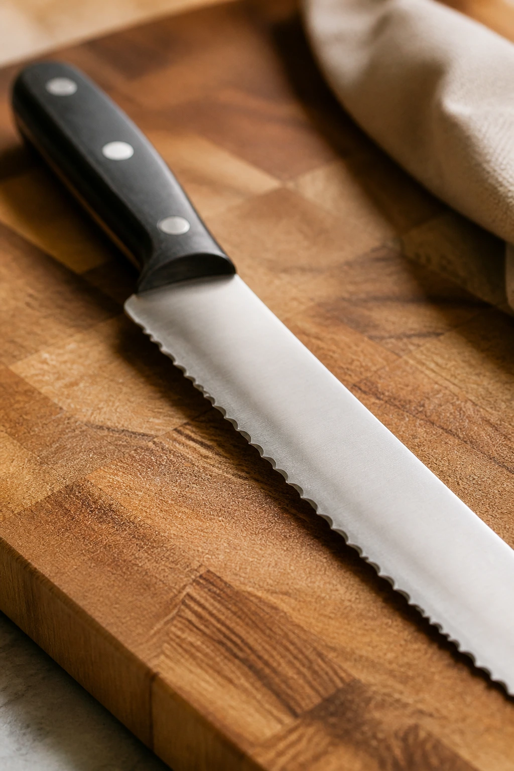 Serrated bread knife on cutting board in kitchen setting