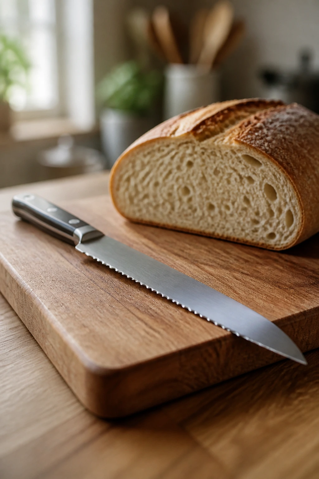 Close-up of a serrated bread knife on a cutting board in a kitchen