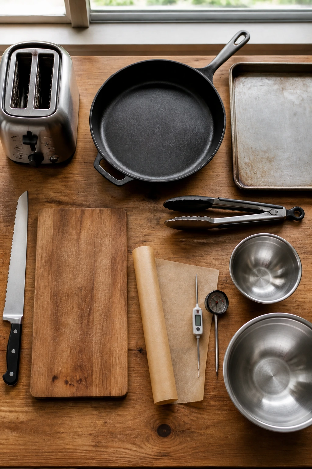 Top-down view of essential sandwich-making equipment arranged on a wooden surface.