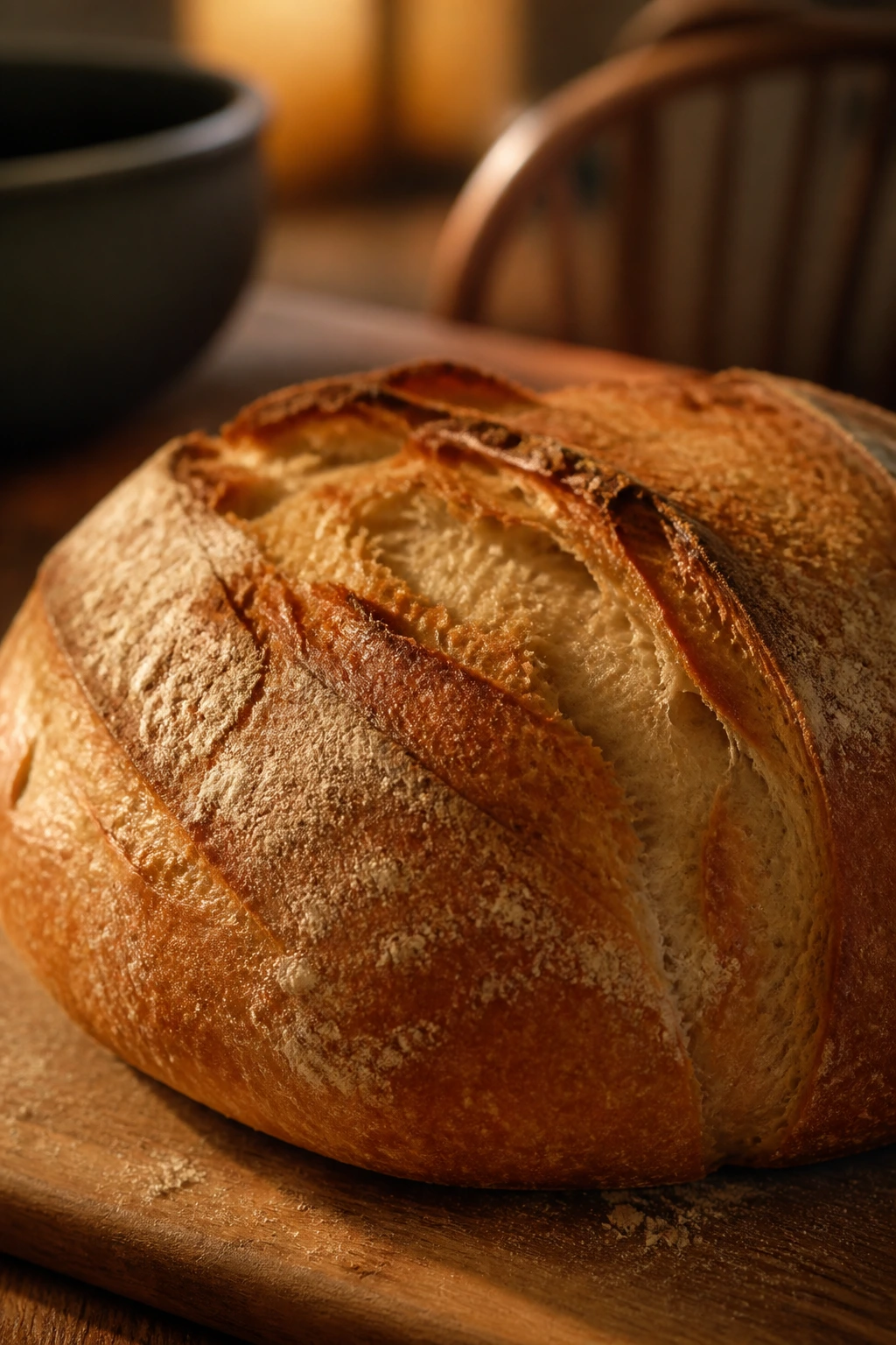 Crusty bread loaf on wooden board in a warm dining setting