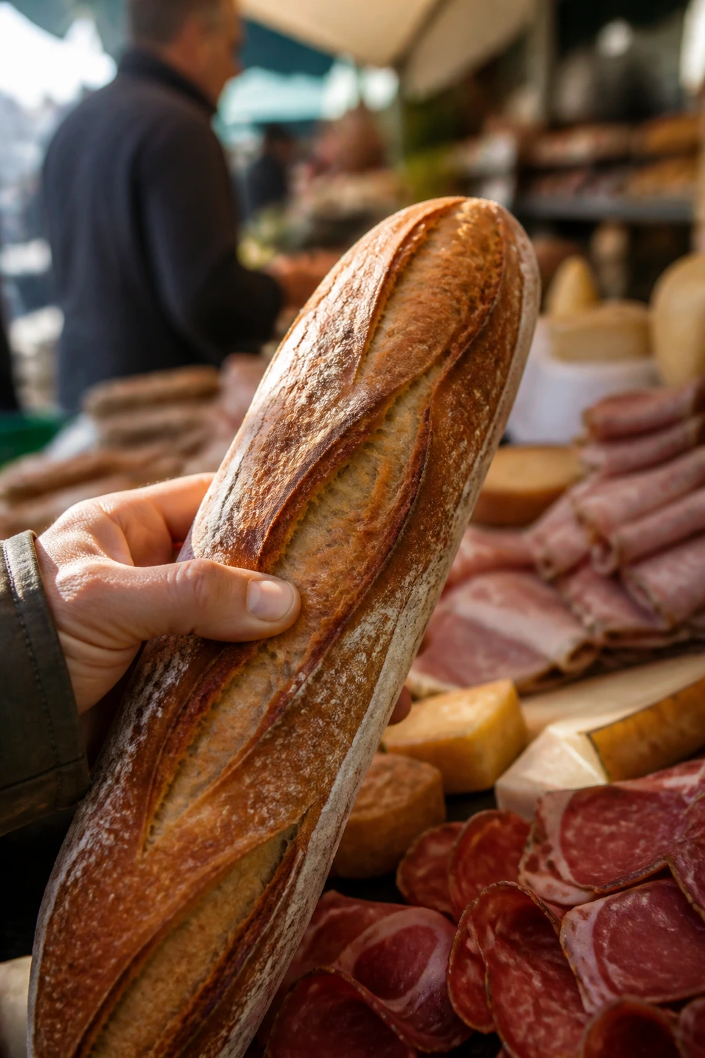 Close-up of a market shopper selecting a crusty baguette