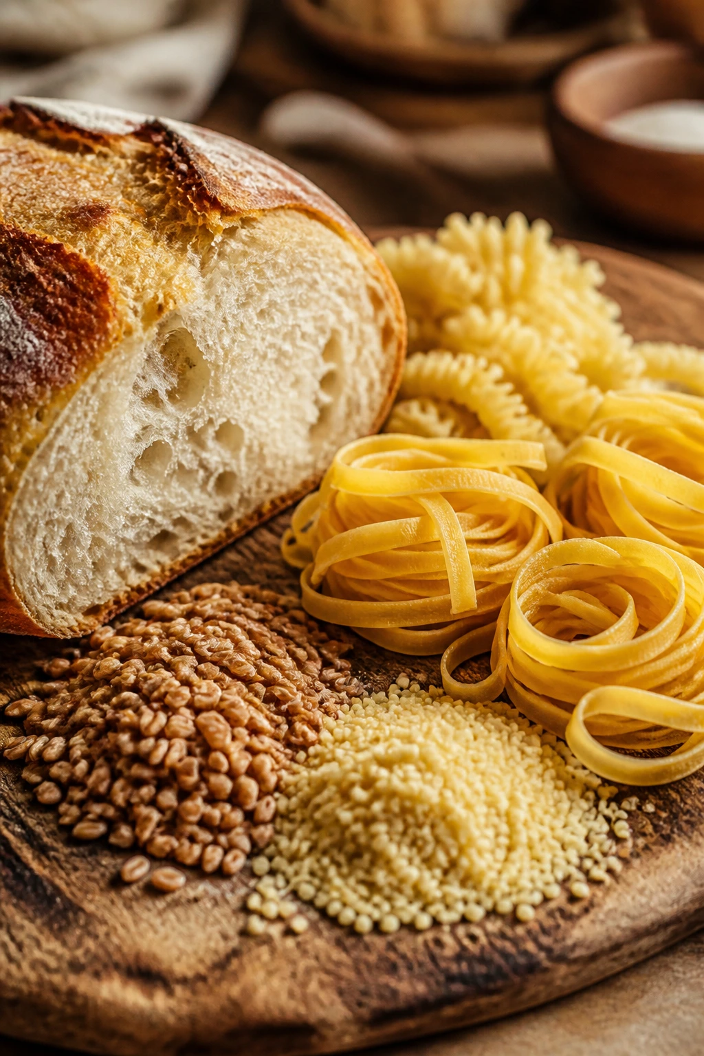 Rustic bread with grains on a wooden board in a warm kitchen