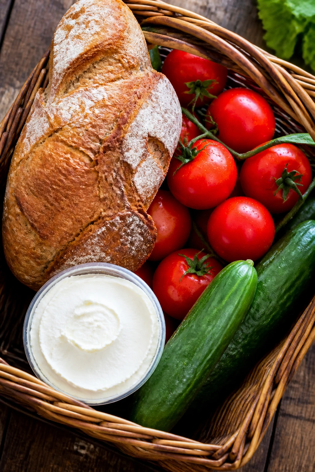Basket with bread, tomatoes, cucumbers, and cream cheese for picnic