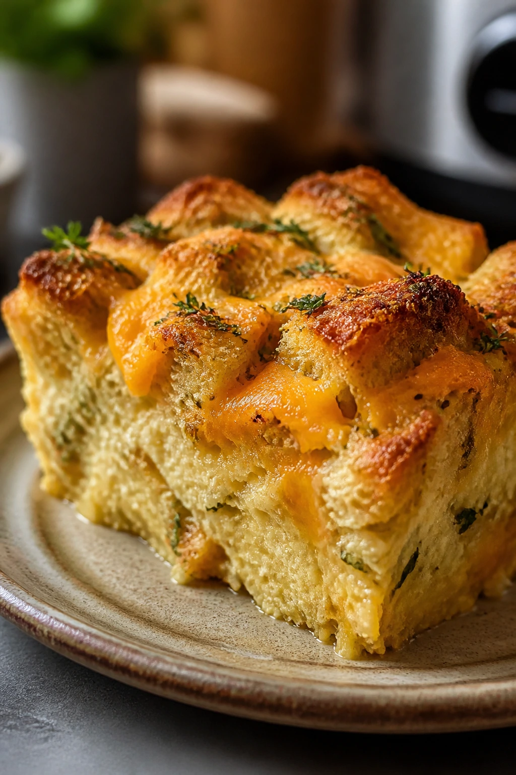 Savory bread pudding with cheddar and herbs on a rustic plate in a warm kitchen