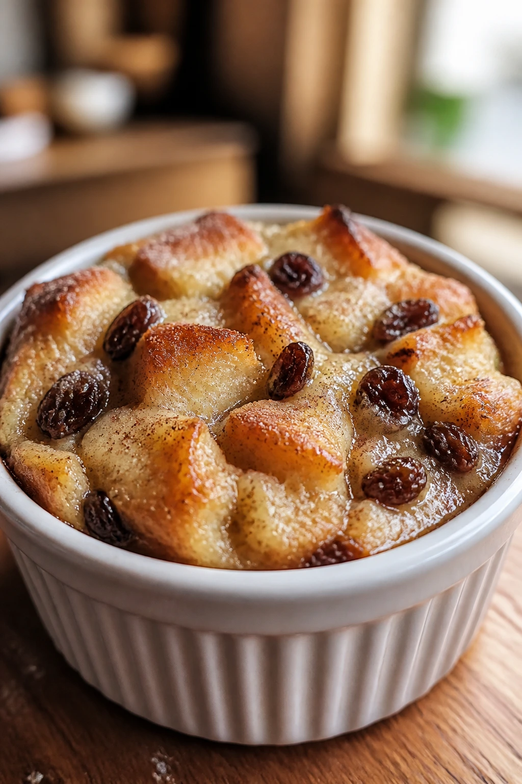 Close-up of protein bread pudding with cinnamon raisins in a ramekin