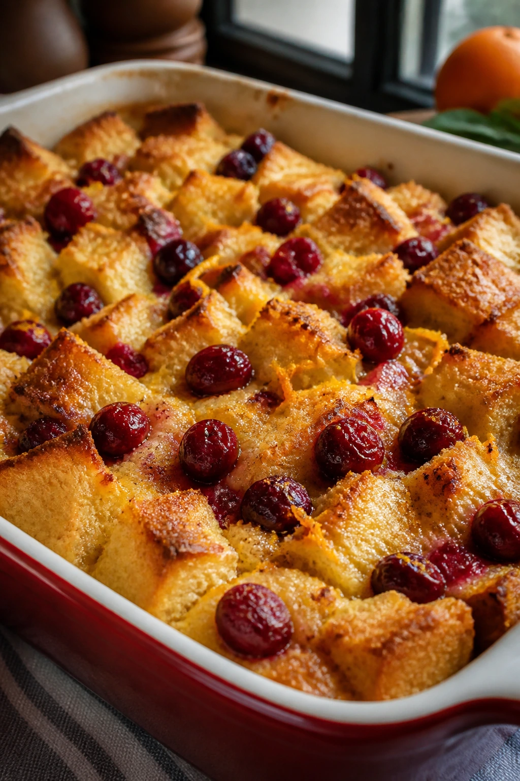 Bread pudding with cranberries and orange zest in a baking dish