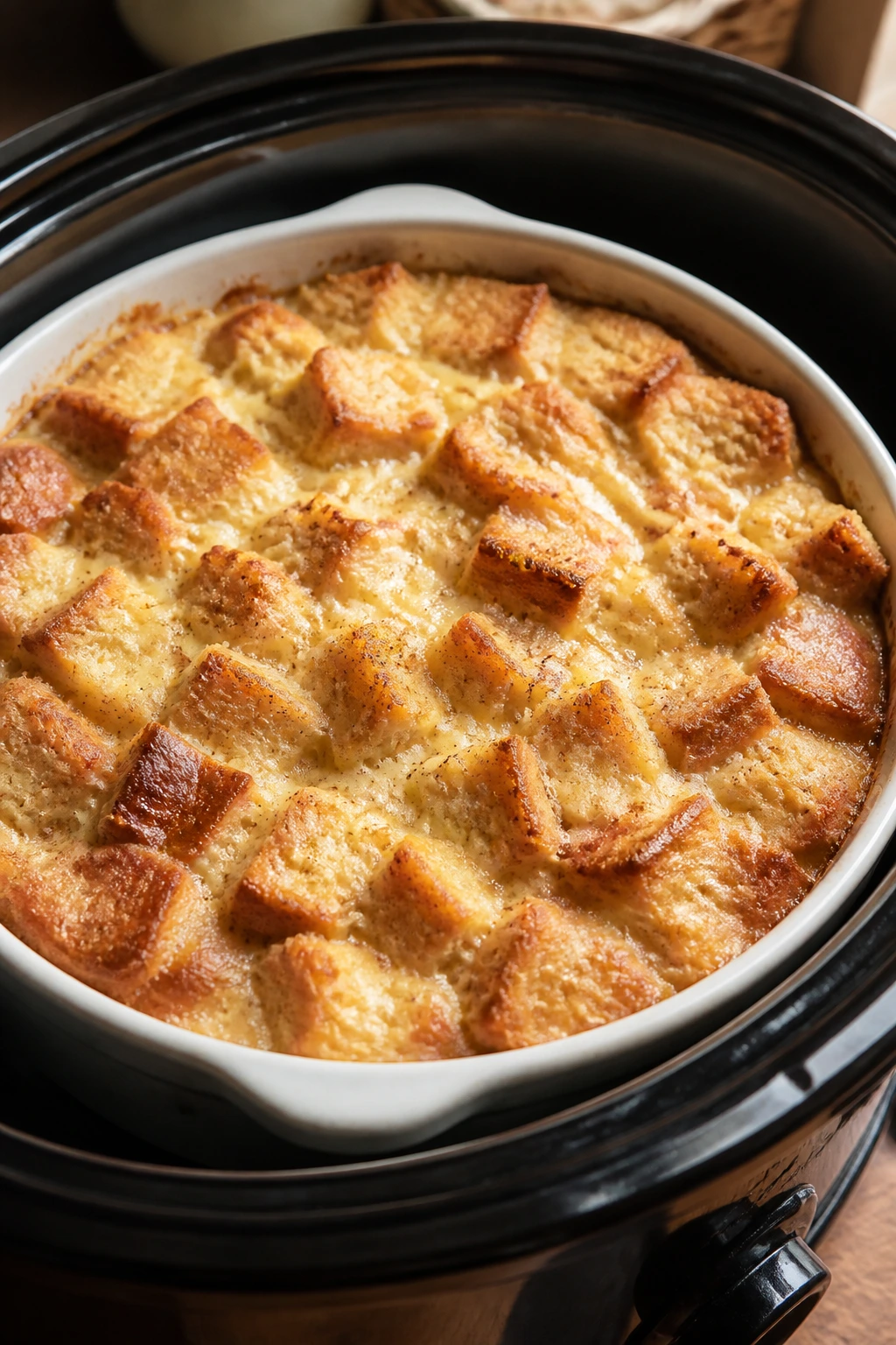 Close-up of bread pudding in a slow cooker insert