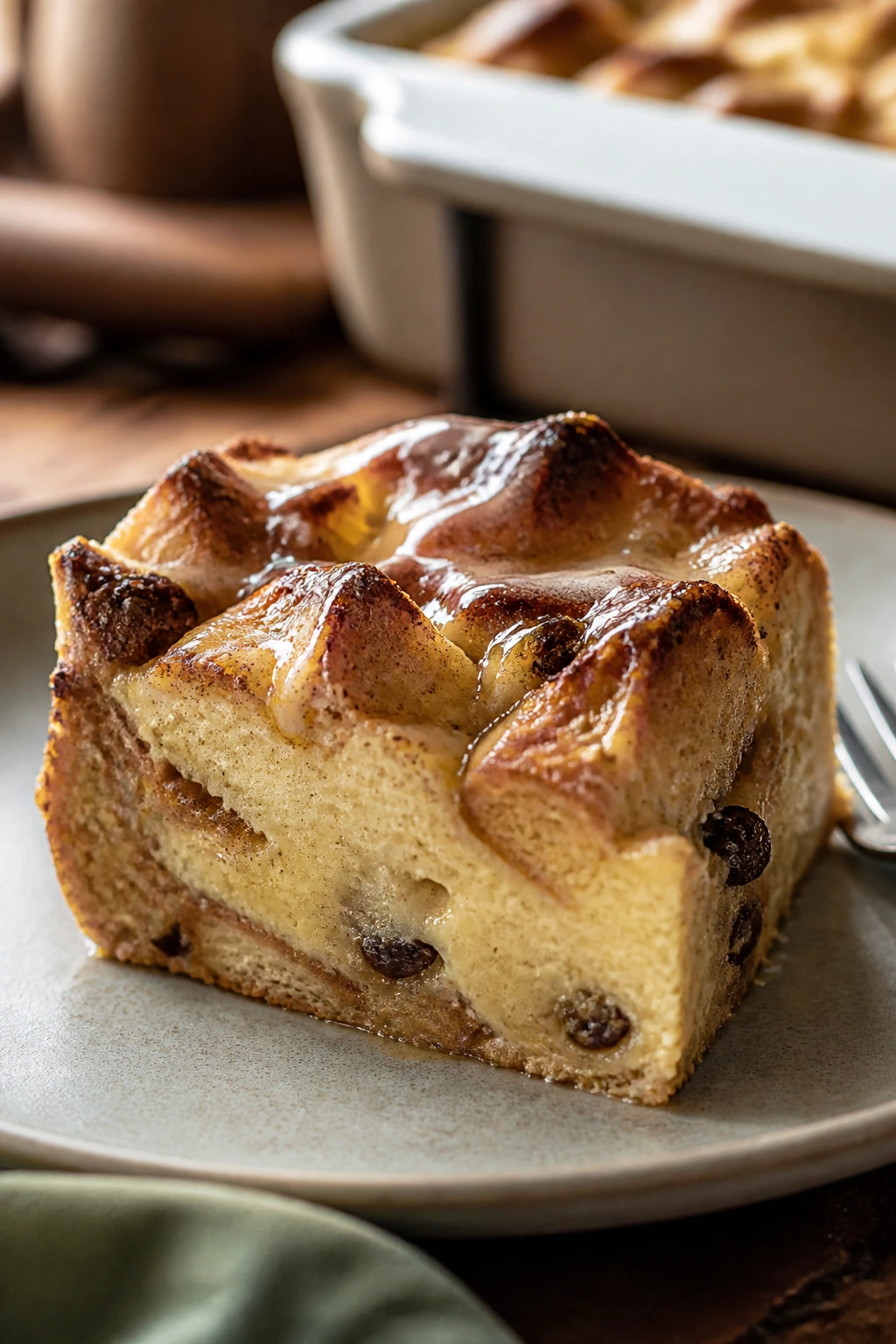 Wedge of hot cross bun bread pudding on a plate