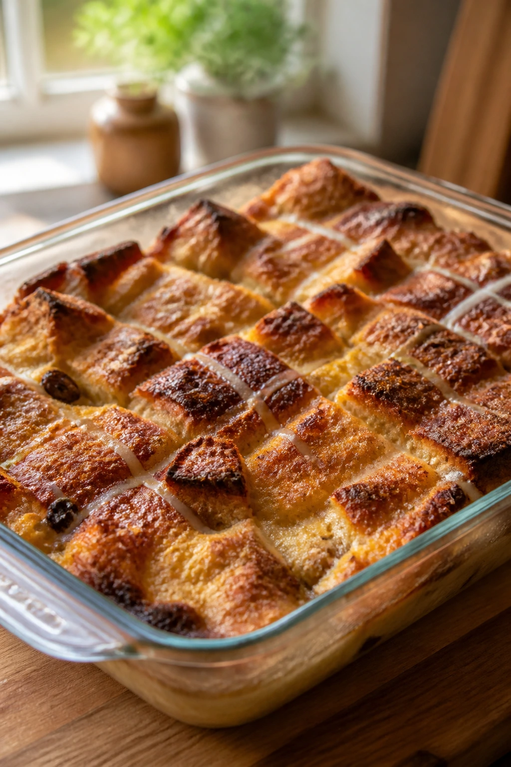 Close-up of hot cross bun bread pudding in a glass baking dish on a sunlit kitchen counter