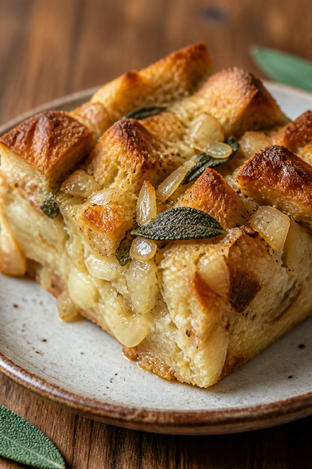 Close-up of savory bread pudding with sage and onion on a rustic plate