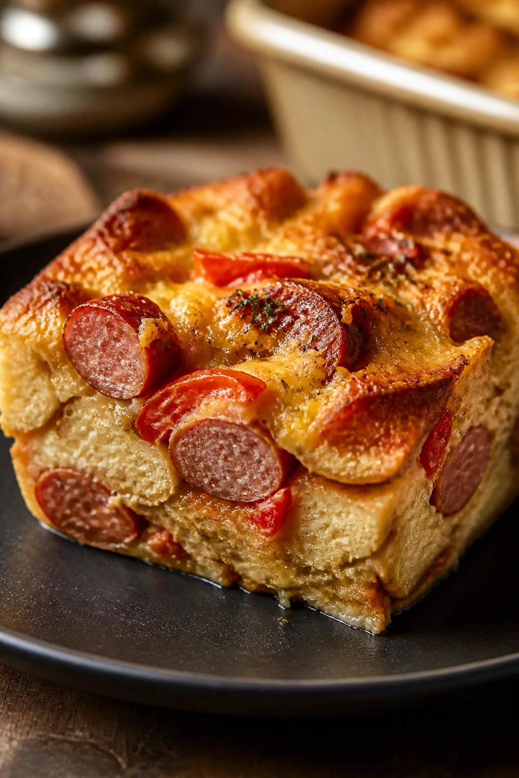 Slice of savory tomato bread pudding with sausage on a plate