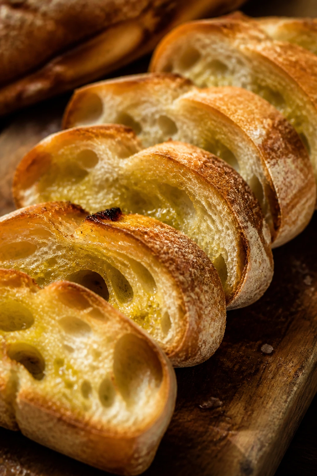 Crusty rustic bread slices brushed with olive oil