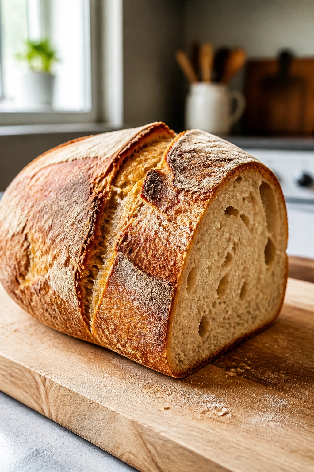 Sturdy crusty bread loaf on a kitchen counter