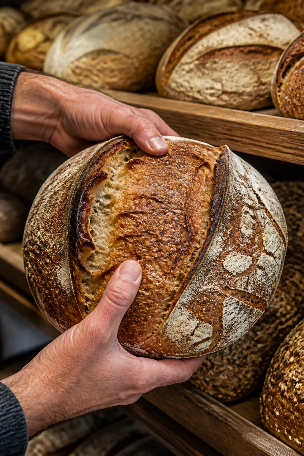Close-up of hands selecting a crusty sourdough loaf at a bakery