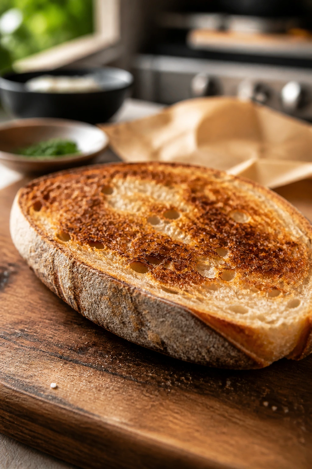 Close-up of crusty toasted bread slice on a wooden board