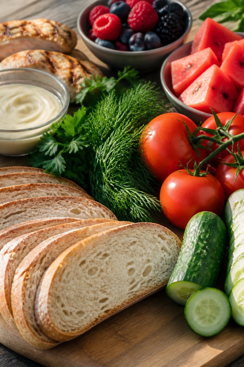 Close-up of fresh picnic ingredients on a wooden board, bread, herbs, tomatoes, cucumbers, berries and watermelon under daylight