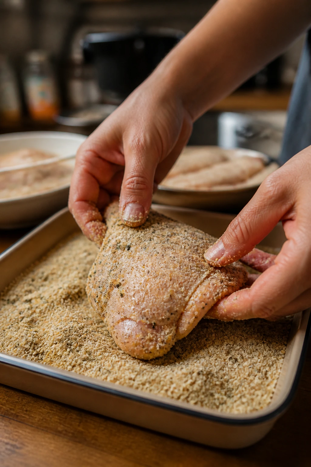 Hands coating chicken thigh in breadcrumb crust