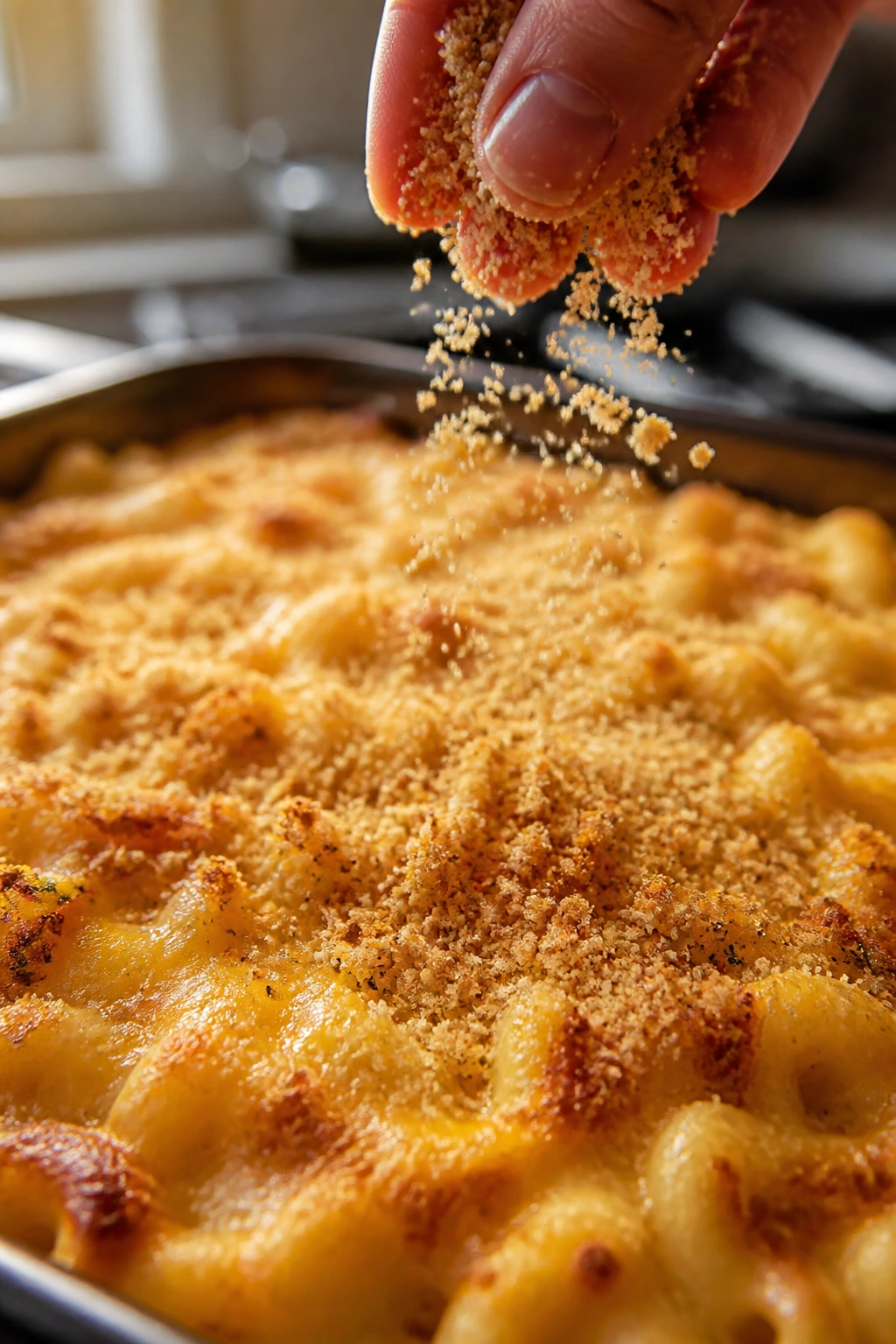 Buttered breadcrumbs being sprinkled onto a cheesy bake