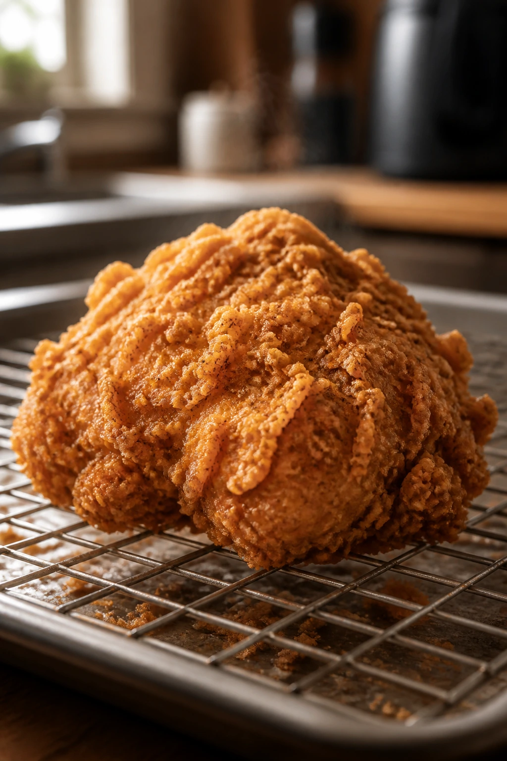 Breaded chicken piece with thick crust on rack in a kitchen