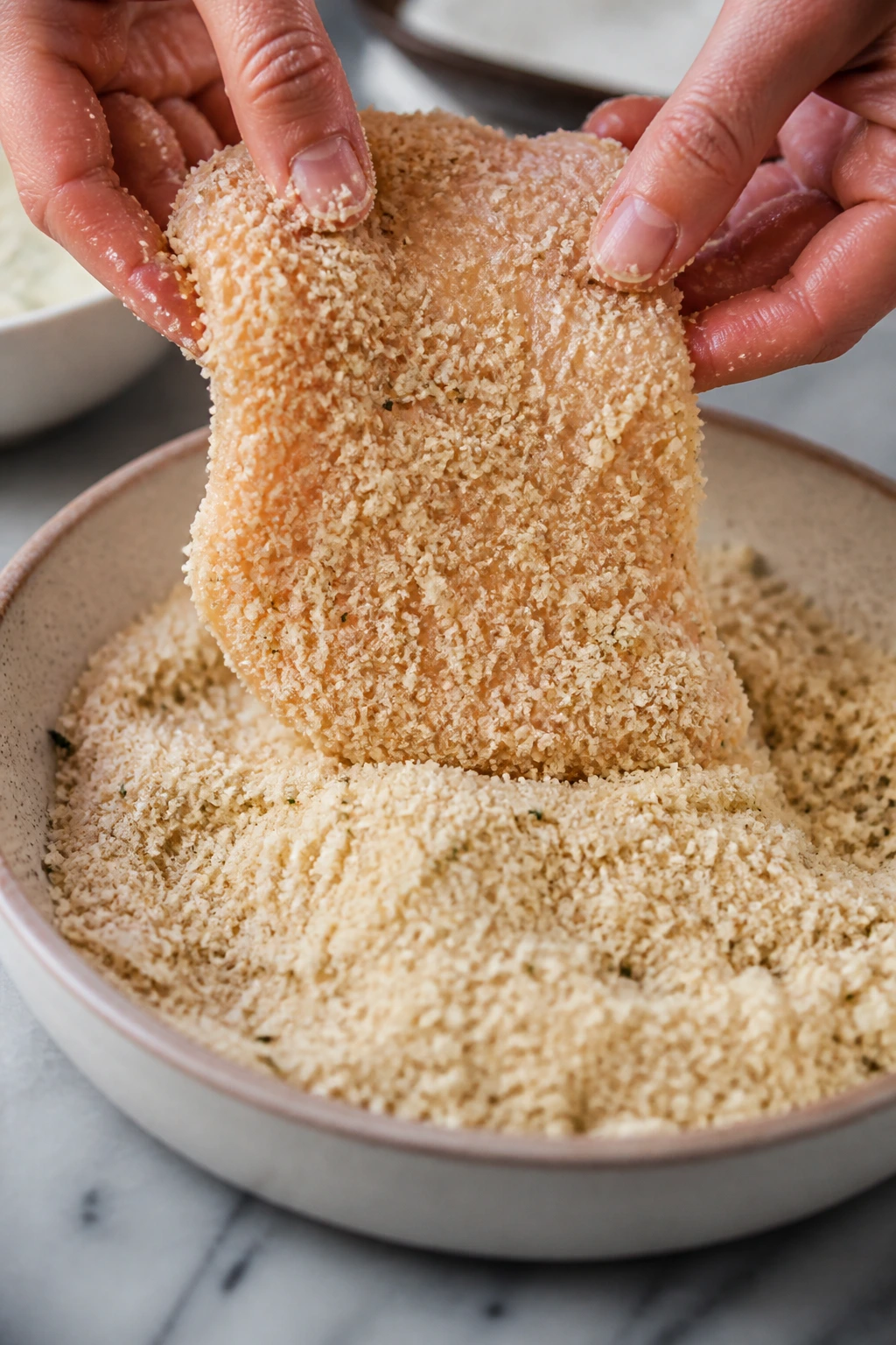 Breaded chicken cutlet with crust forming on a kitchen counter