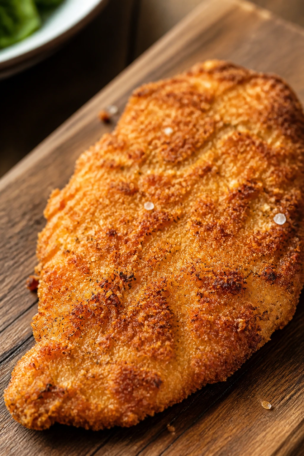 Breaded chicken cutlet showing crisp crust on a wooden board.