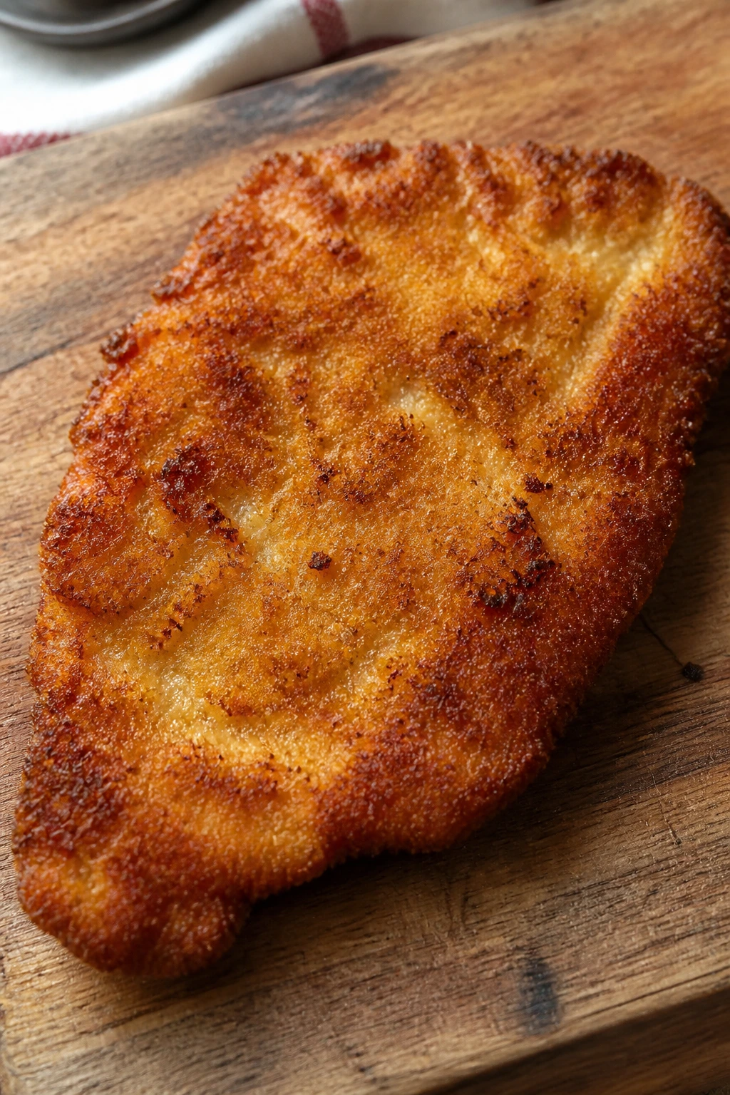 Close-up of a breaded chicken cutlet with a crispy crust on a wooden board