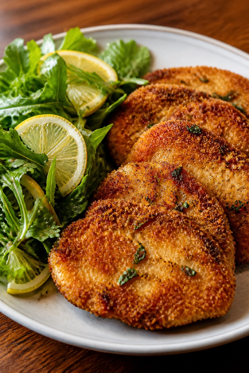 Crispy breaded chicken cutlets with lemon salad on a plate