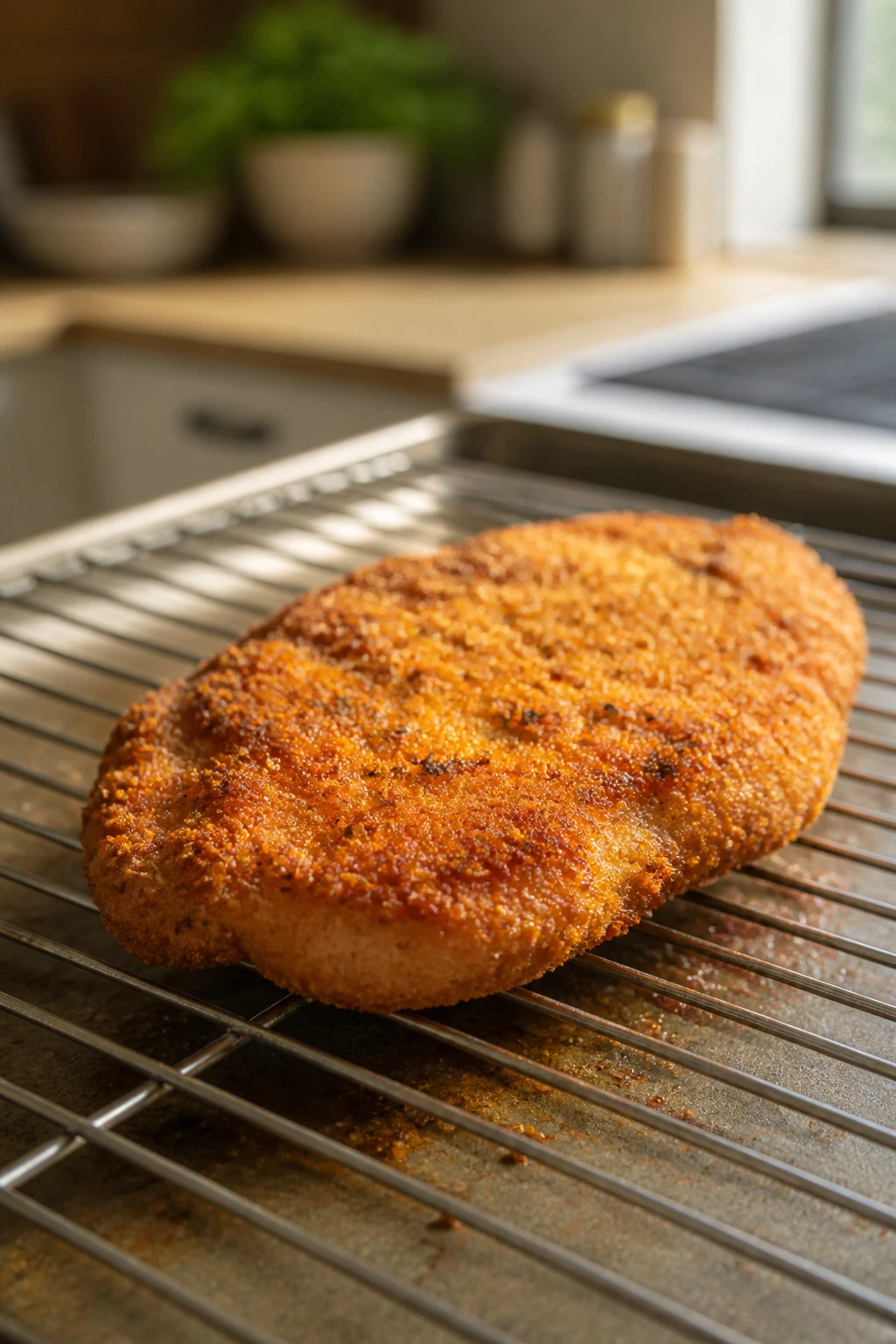 Breaded cutlet resting on a wire rack in a kitchen